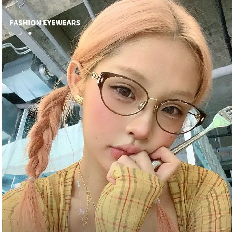 【工厂直销】-时髦茶色猫眼眼镜女网红眼镜框架可配度数近视眼镜女