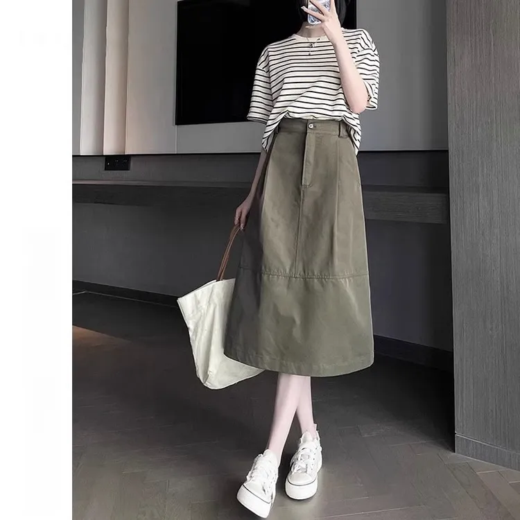 复古高腰a字半身裙女夏季薄款宽松梨形身材显瘦美式中长工装裙子