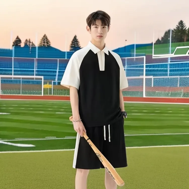 夏季男士短裤套装华夫格运动半袖短袖翻领宽松速干青少年学院风