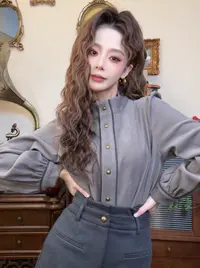 法式复古气质设计感撞色衬衫女秋冬加厚内搭长袖衬衣通勤宽松上衣