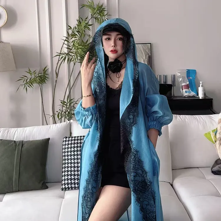 （第六感女神）蕾丝戴帽夏季显瘦减龄桑蚕丝长款防晒衣25046