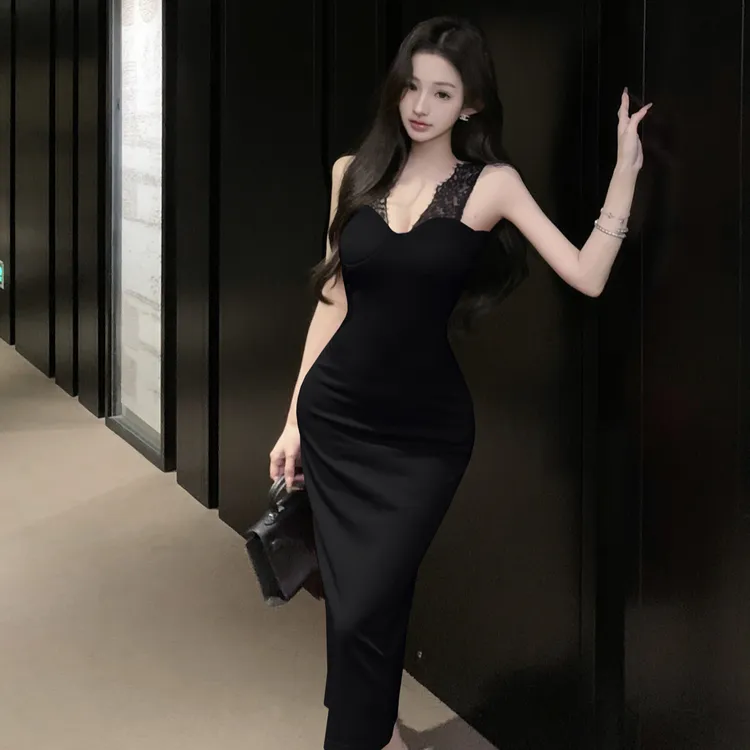 名媛法式气质女人味风情万种收腰显瘦蕾丝拼接纯欲性感吊带连衣裙