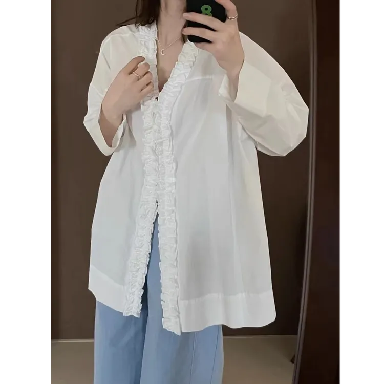 春夏薄款韩系V领重工木耳边拼接正反两穿衬衫新款遮肉百搭上衣