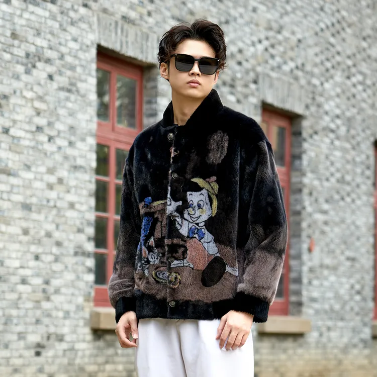 进口新款男士棒球服貂皮外套男整貂皮草大衣男士青年潮流夹克