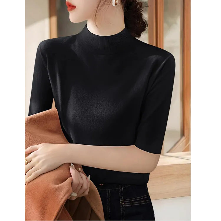 复古黑色半高领五分袖打底女秋冬穿搭内搭修身显瘦针织衫中袖上衣