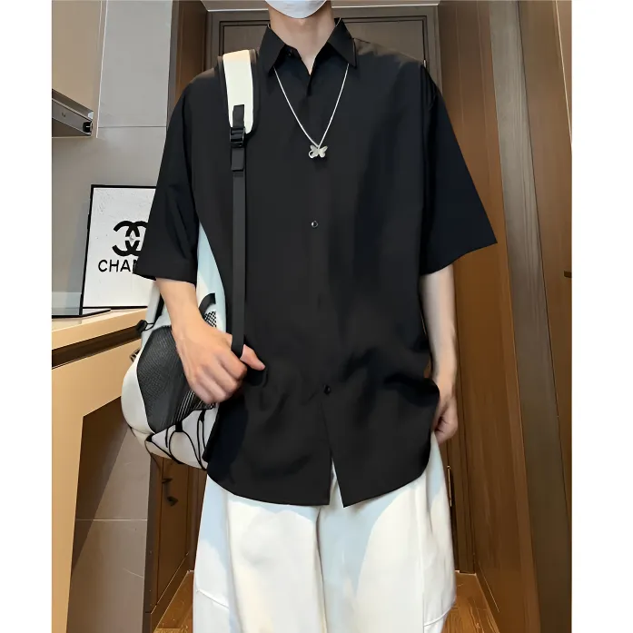 夏季薄款潮流短袖衬衫男港风休闲百搭纯色宽松痞帅五分袖衬衣外套