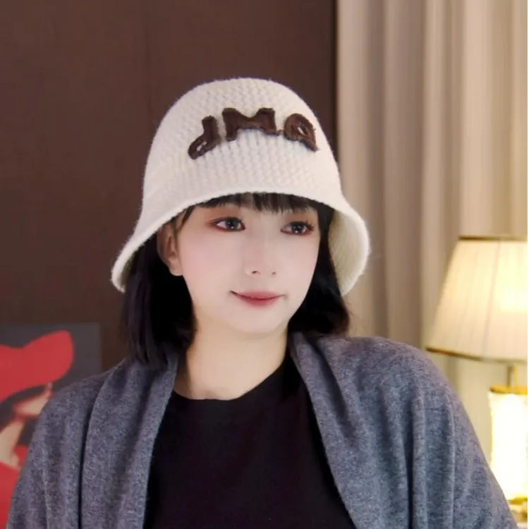 大头围针织渔夫帽子女2025秋冬季新款简约字母宽檐显脸小保暖盆帽