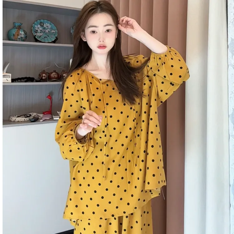 春夏加长版居家套装慵懒休闲居家舒适两件套夏天人造棉睡衣