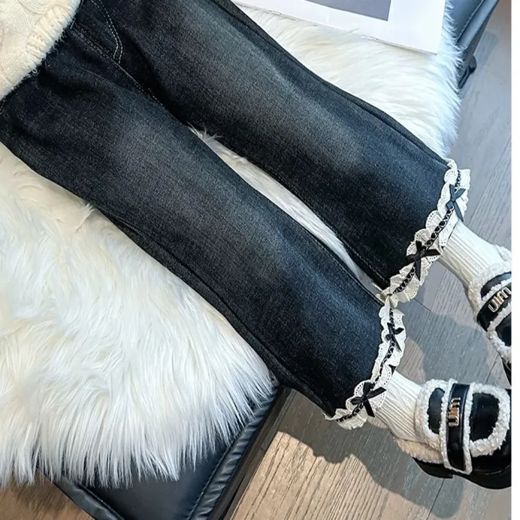 女童加绒裤子秋冬款2025新款儿童冬季直筒牛仔裤女宝宝加厚喇叭裤