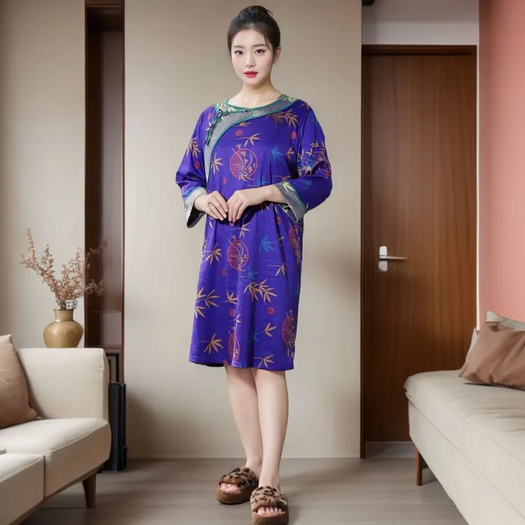 秋冬德绒国风睡裙时尚遮肉显瘦宽松舒适大码复古中长款中式撞色