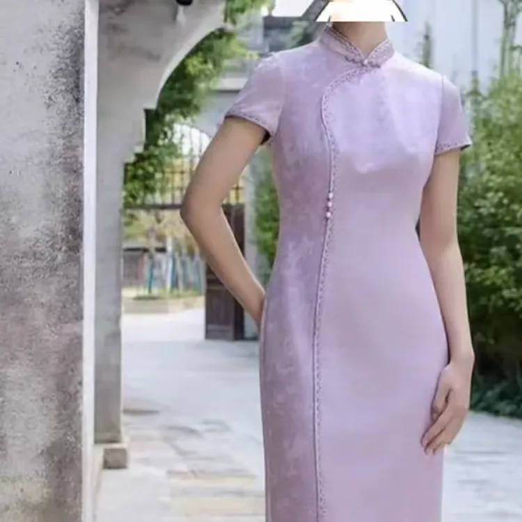 淡紫色醋酸提花缎原创设计喜婆婆喜妈妈宴会旗袍礼服时尚妈妈装