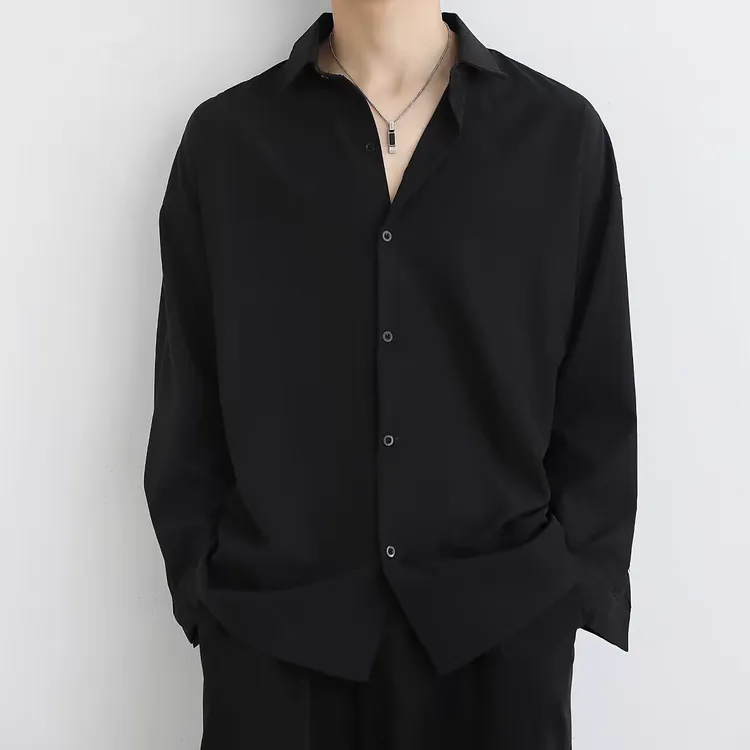 潮牌痞帅外套男士春秋夏季薄款冰丝垂感白衬衫上衣服黑色长袖衬衣
