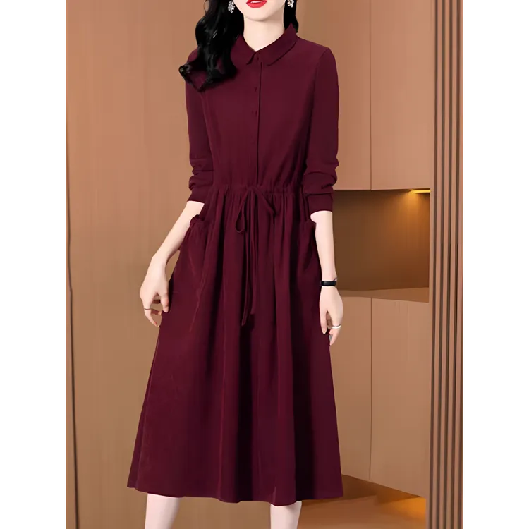 安格拉红高端棉连衣裙女2025秋冬新款复古文艺收腰显瘦气质名媛裙