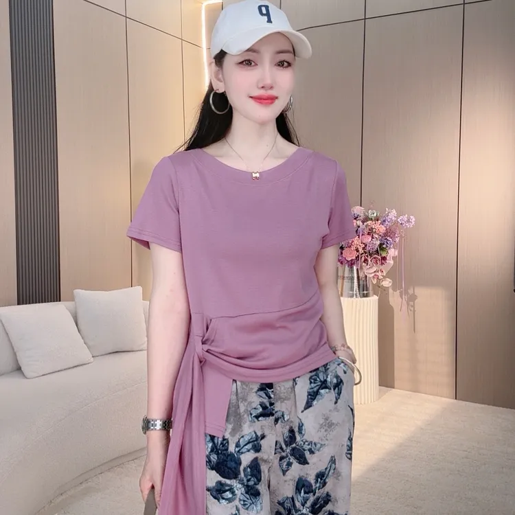 【5305】2025新款夏季女士T恤圆领飘带设计弹力透气柔软金梳棉