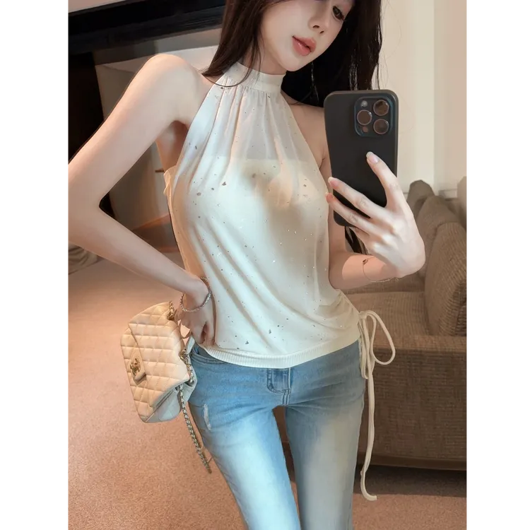 设计感挂脖闪闪网纱拼接裹胸背心女夏季新款修身系带上衣