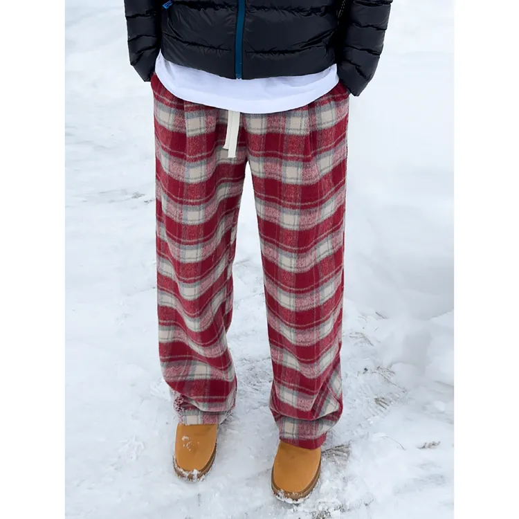秋冬新款加绒加厚氛围红格子休闲裤长裤保暖宽松阔腿