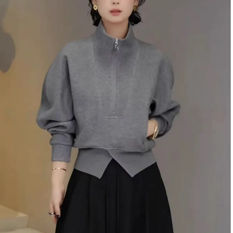 设计感洋气开叉半拉链立领长袖卫衣女秋冬新款显瘦百搭短款上衣