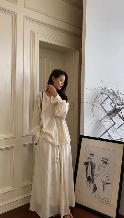 2024早春新款禅意风气质长袖衬衫上衣女百搭高级感复古半身裙套装