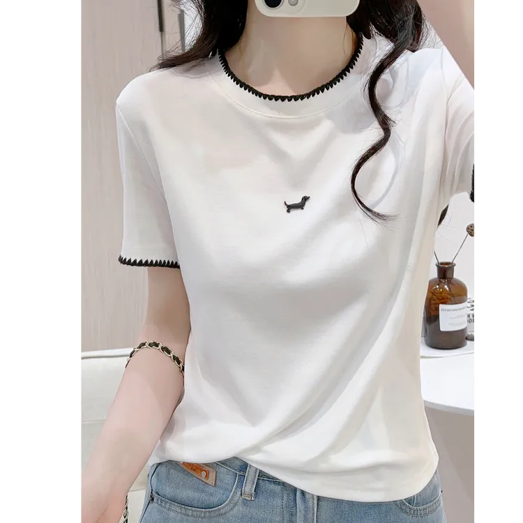 欧货拼接撞色正肩短款T恤女2025夏季休闲显瘦圆领设计感短袖体恤