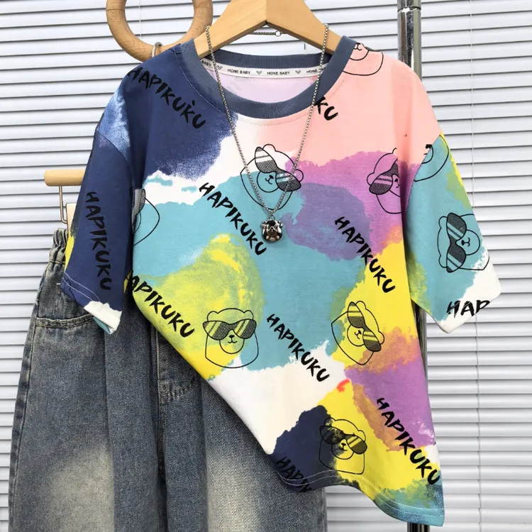 男童短袖夏季新款2025儿童中大童宽松时尚休闲帅气扎染潮流单上衣