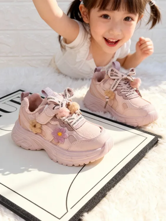 2025冬季保暖二棉粉紫女童防滑小花图案老爹鞋