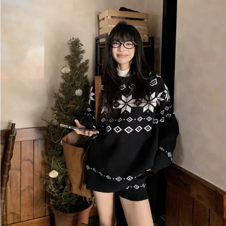 高级感套装复古慵懒费尔岛提花毛衣女针织短裤两件套长袖百搭外穿