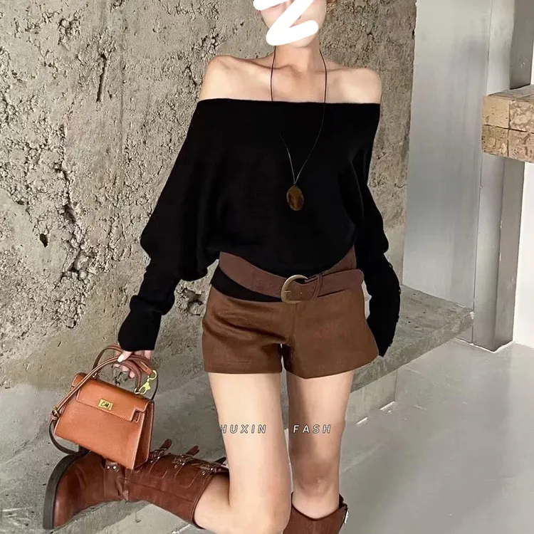 （配腰带）2025秋冬新款优雅气质一字领露肩长袖针织衫百搭显瘦上衣