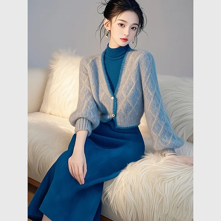 2025年冬季高级感独特绝美气质名媛小香风蓝色毛衣针织开衫