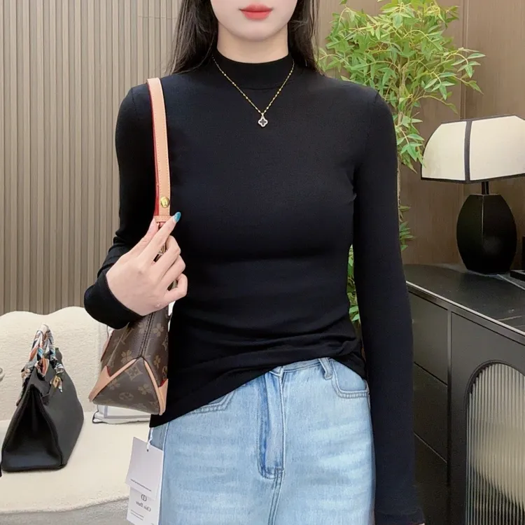 长袖半高领T恤女修身显瘦百搭黑色上衣纯色秋冬女装