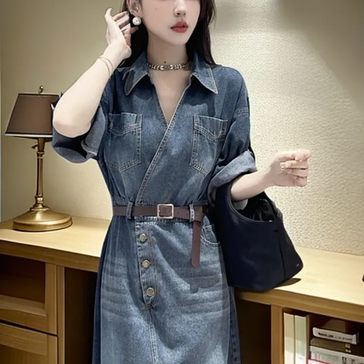 ZH轻奢牛仔连衣裙女2025春季新款时尚气质洋气休闲高级感开叉裙子