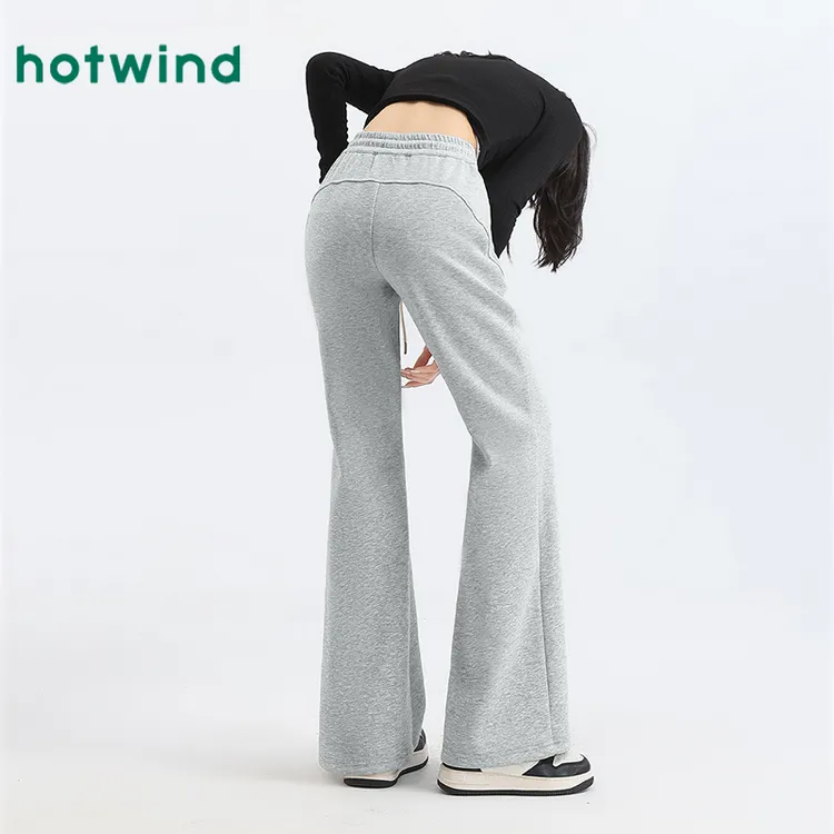 Hotwind/热风裤子女秋季时尚高腰设计感灰色百搭微喇裤宽松休闲裤