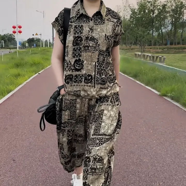 夏季洋气女士时尚百搭套装2025年新款复古印花设计潮流休闲两件套