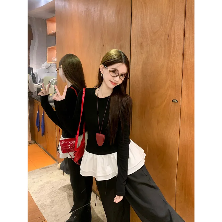 芭蕾风设计感花边拼接黑色长袖t恤女秋季新款修身显瘦打底衫上衣
