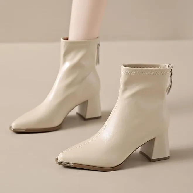 啄木鸟粗跟短靴女尖头单靴2025秋冬季新款加绒气质高跟白色瘦瘦靴