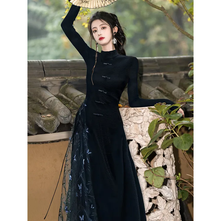 2025新中式旗袍高端大气上档次年轻款黑色民国风女装重要场合漂亮