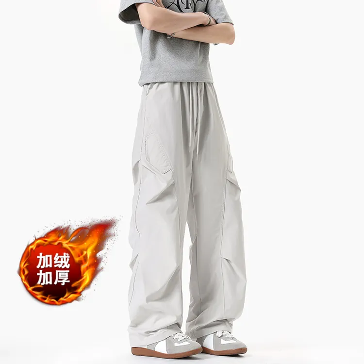 褶皱设计感加绒裤子男士秋冬季美式机能户外直筒伞兵裤加厚工装裤