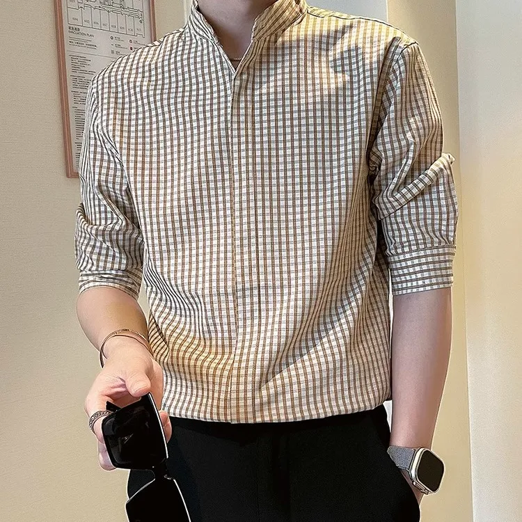高级感格子衬衫男短袖潮牌痞帅衬衣男款2025新款男士秋季半袖上衣
