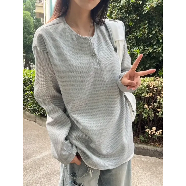 假两件美式长袖t恤男款亨利领2025秋季新款内搭打底衫宽松上衣服