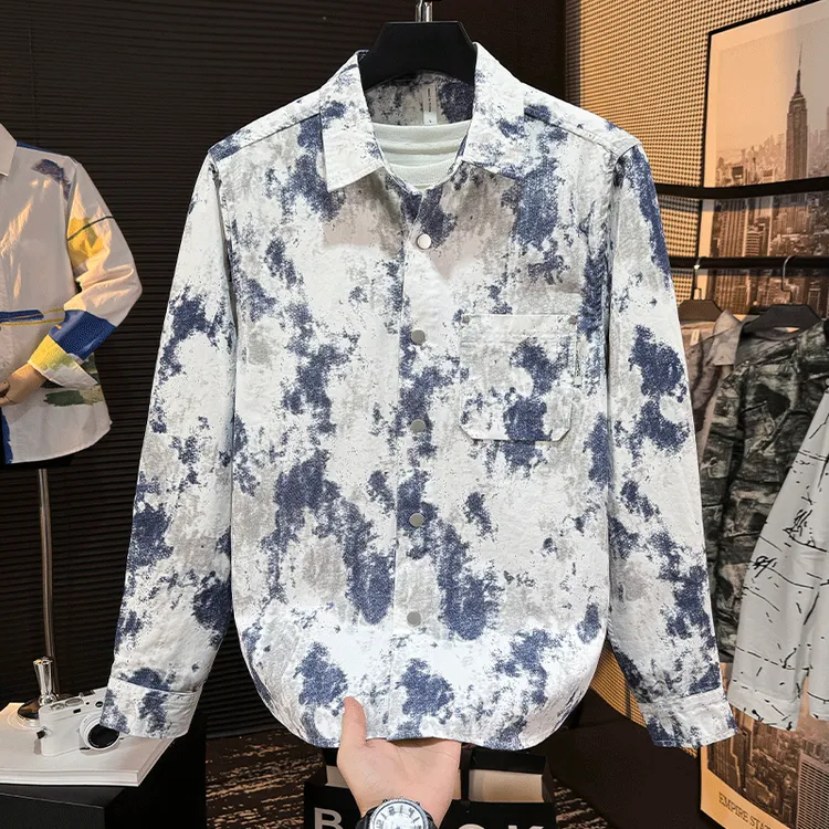 轻奢复古水墨画长袖翻领衬衫男士春秋季个性宽松休闲百搭潮衬衣男