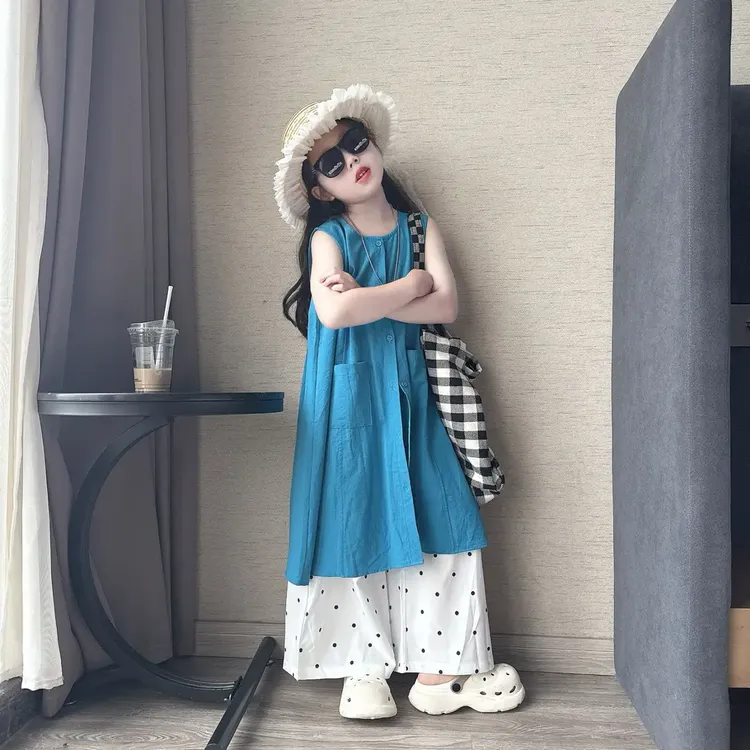 女童韩系无袖背心连衣裙女孩夏季宽松开叉长裙小众叠穿阔腿裤套装