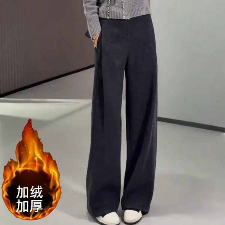 2025新款加绒高腰毛呢阔腿裤女加厚保暖显瘦百搭弯刀休闲裤冬季