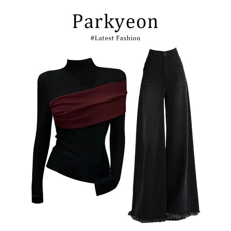 【同款性价比】洋气不规则高领拼接打底衫女秋季新款穿搭阔腿裤套装