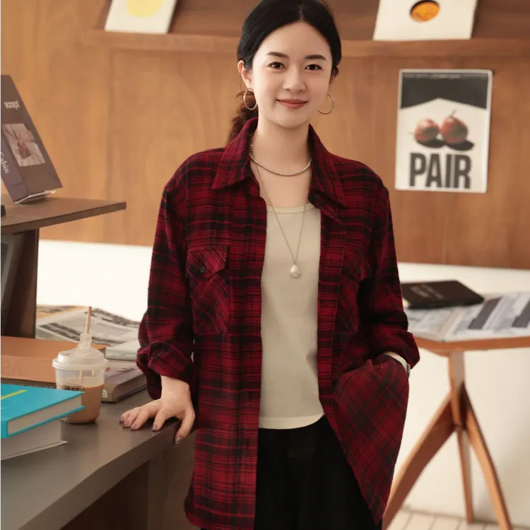 麻享【流光红】衬衫秋季新品棉质黑红格纹做旧磨毛渐变上衣FSY51011