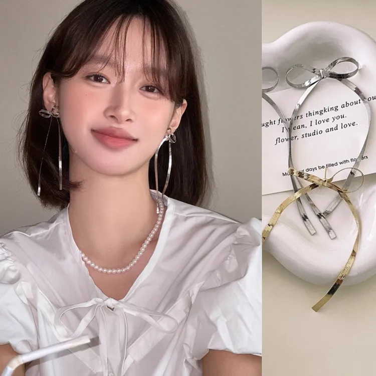 铜合金耳饰 飘带流苏蝴蝶结耳钉女小众设计精致耳饰