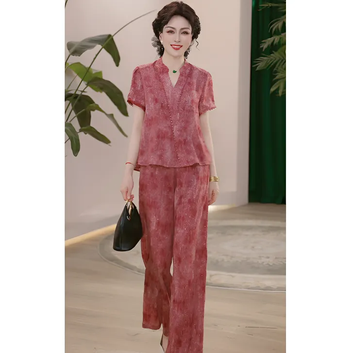 2025新款夏季妈妈装薄款时尚套装气质小衫女装洋气减龄T恤两件套