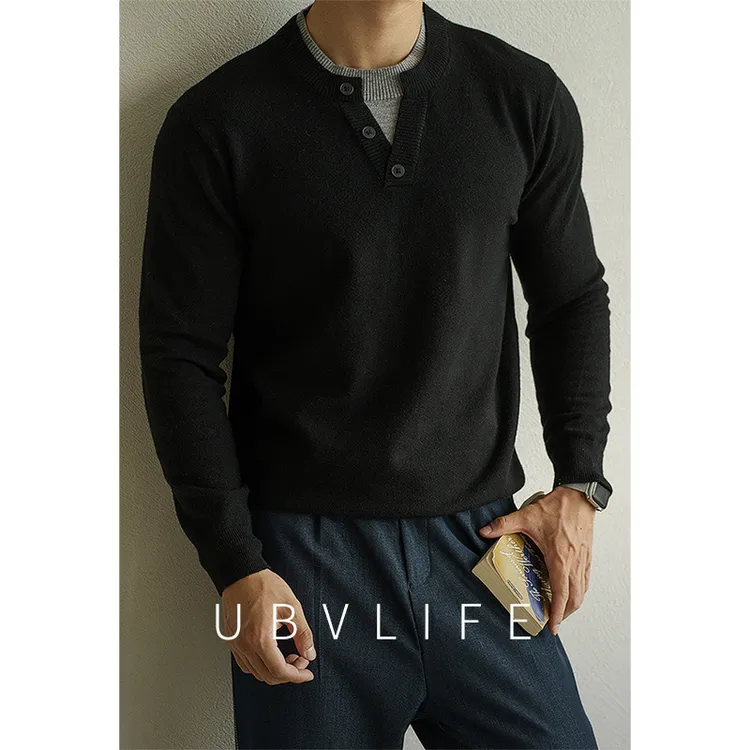 绵羊毛混纺400G假两件肌理感圆领针织衫男士2025冬季暖绒休闲毛衣