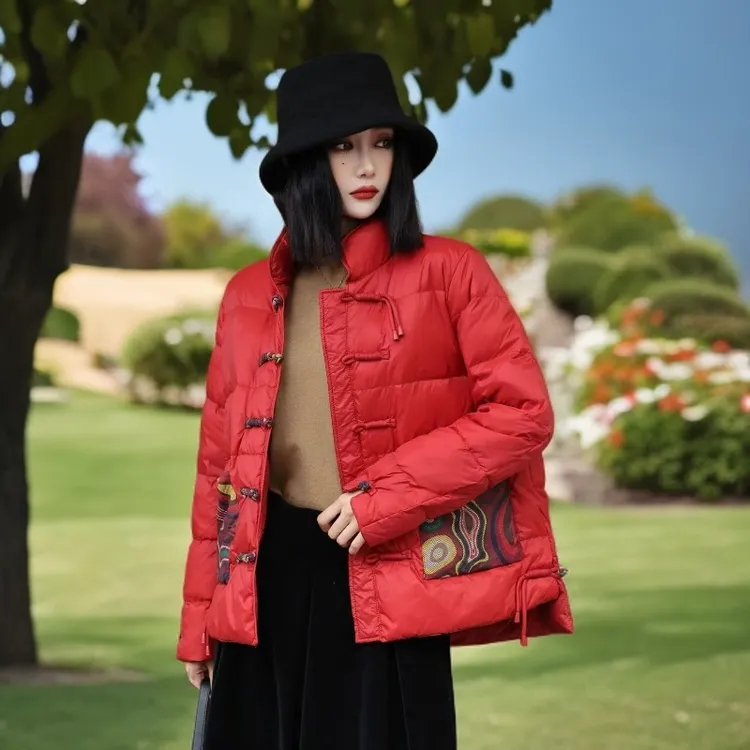 深圳南油手工盘扣中式立领长袖轻薄充绒水波纹外套2025新款正品  