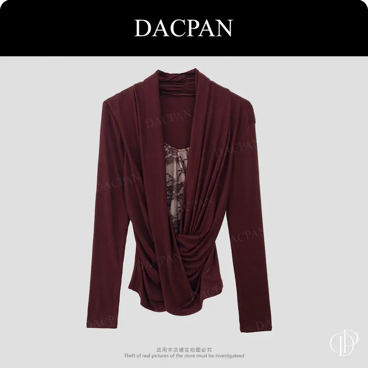 DACPAN-“麋鹿乱撞”深V领蕾丝拼接褶皱上衣  2025/盼·PP 61288