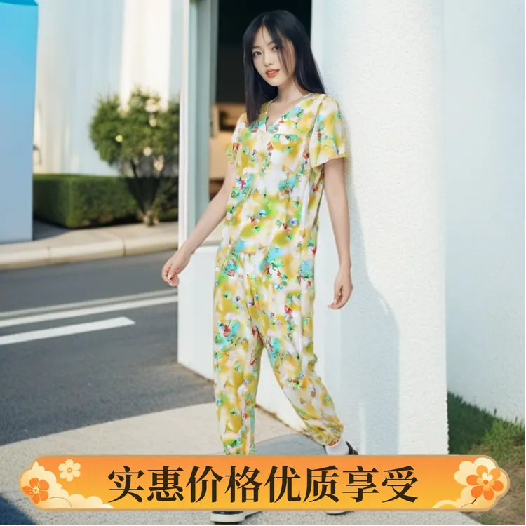 金花款2025高端数码印花宽松居家户外V领舒适凉爽棉绸套装气质