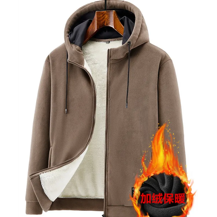羊羔绒大码男士连帽夹克秋冬季胖子运动休闲外套加绒加厚保暖上衣